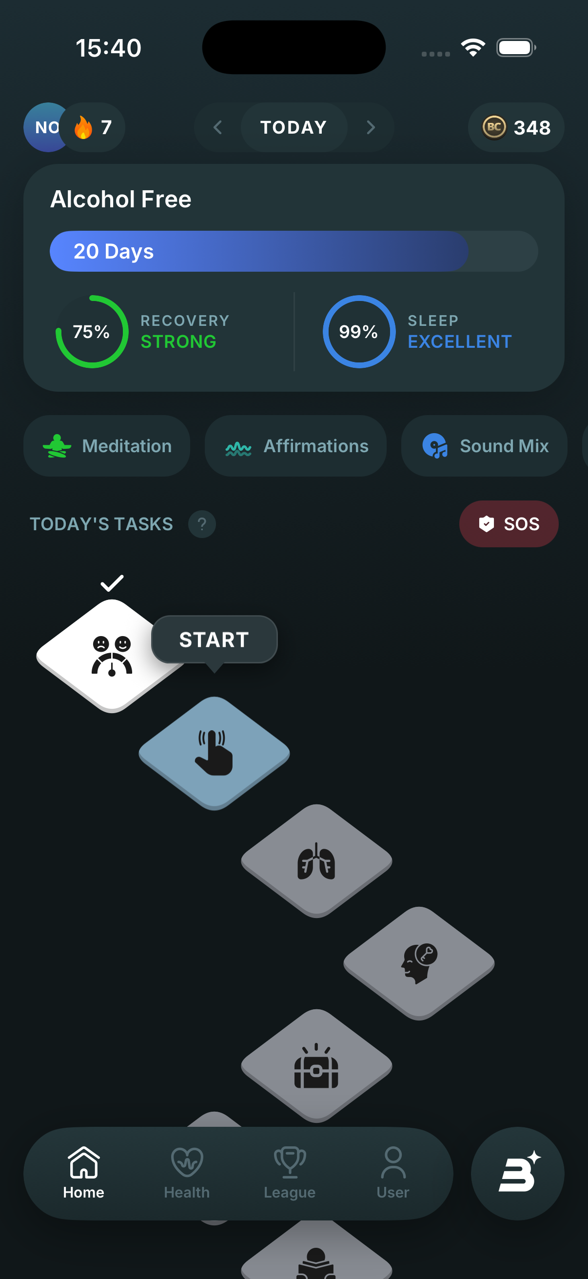 The BetterStep Home screen: the coin balance in the corner and today's tasks laid out as a path
